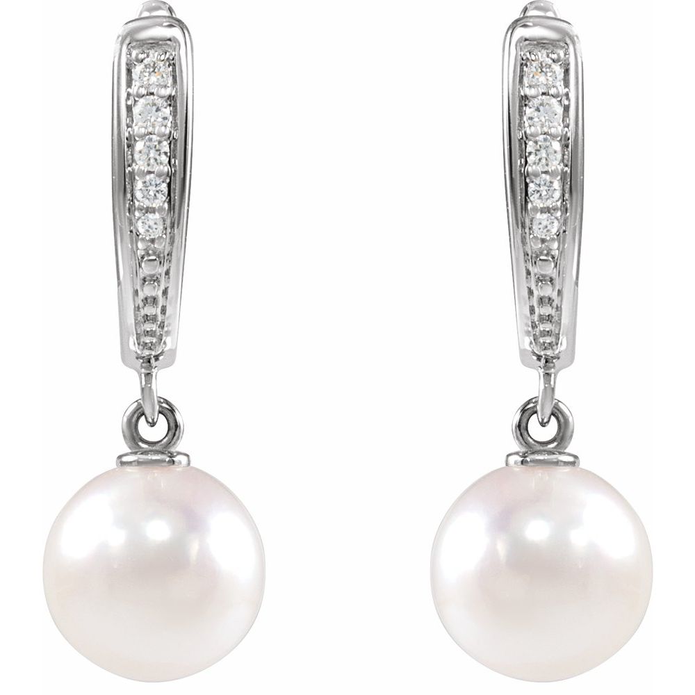 14K White Cultured White Akoya Pearl & .03 CTW Natural Diamond Earrings