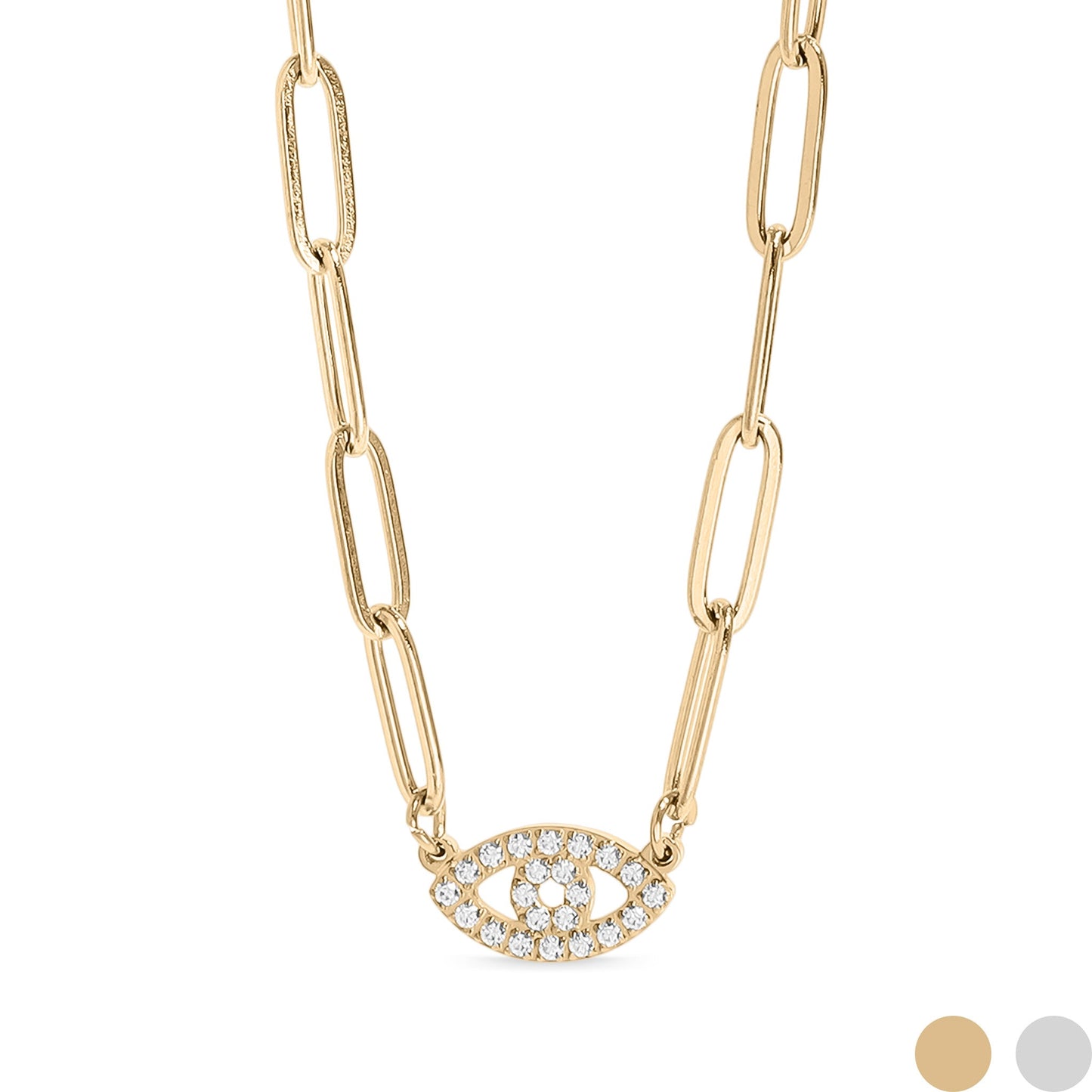 18K Gold PVD Stainless Steel Stone "Evil Eye" Paperclip Chain Necklace