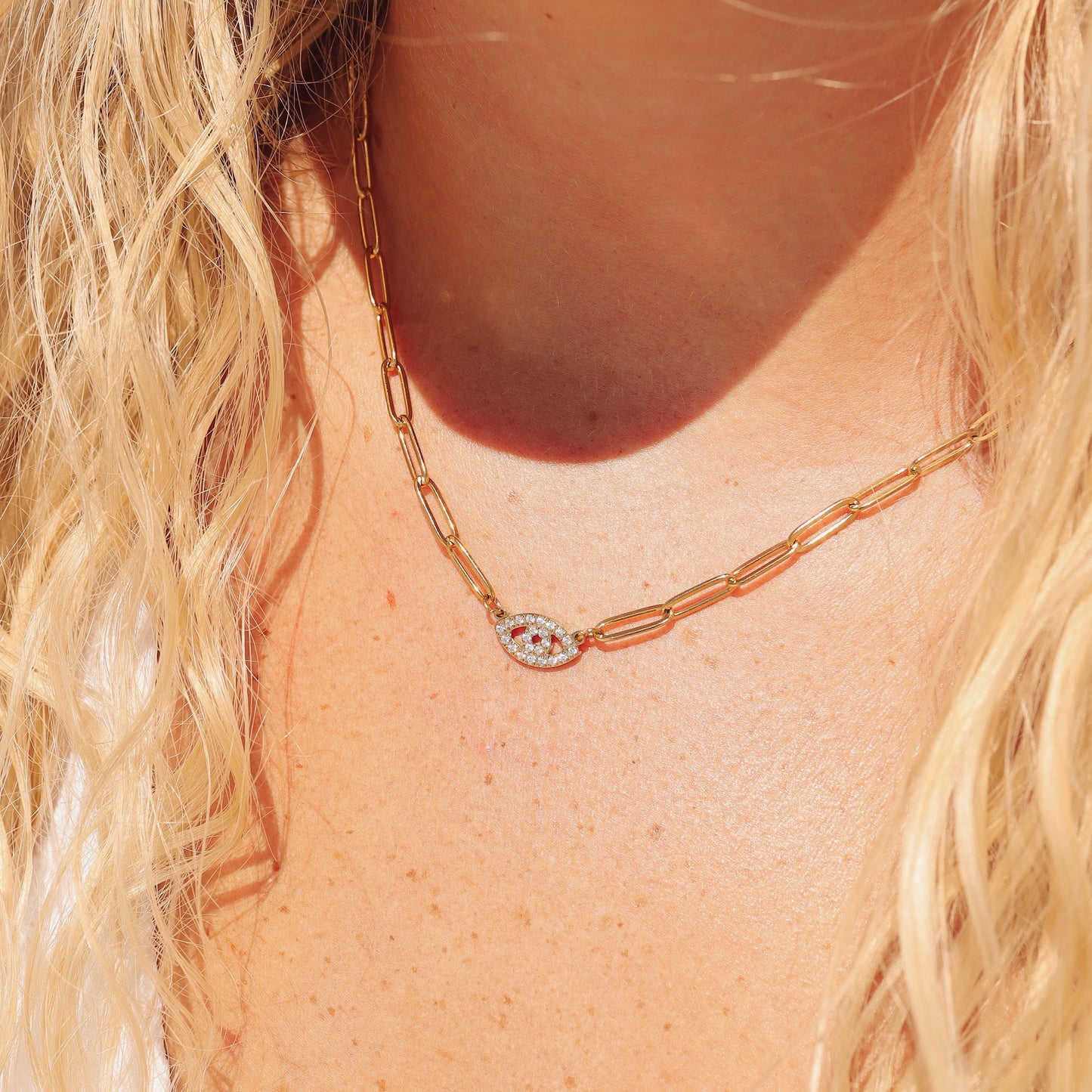 18K Gold PVD Stainless Steel Stone "Evil Eye" Paperclip Chain Necklace