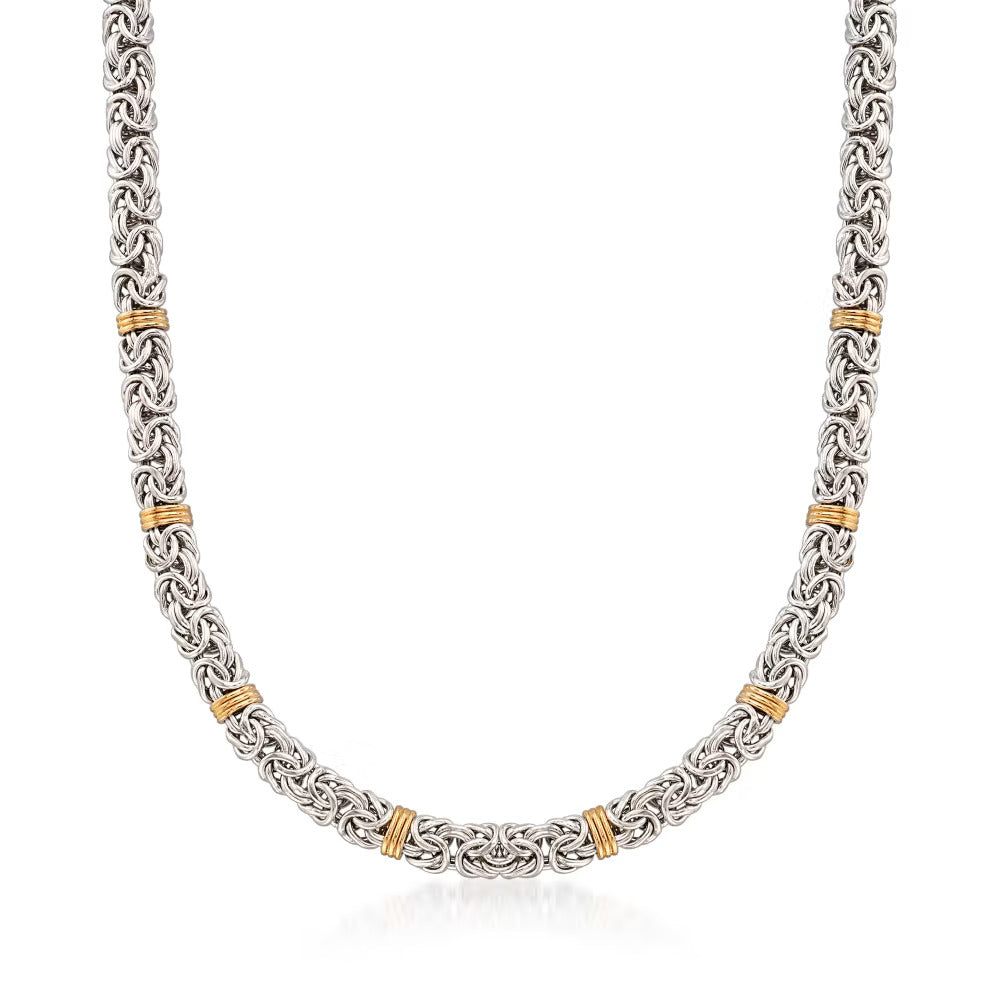 Sterling Silver and 14kt Yellow Gold Byzantine Station Necklace