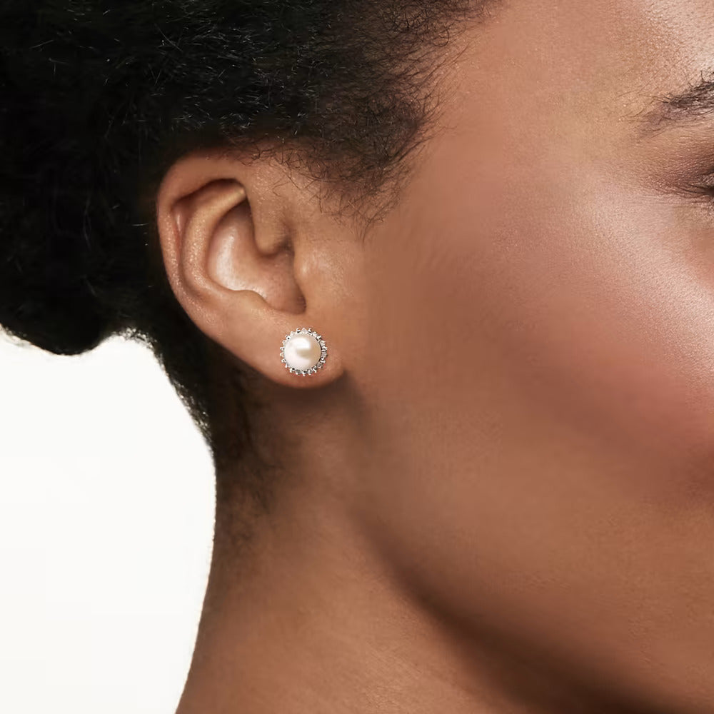 7-7.5mm Cultured Button Pearl and .13 ct. t.w. Diamond Stud Earrings in Sterling Silver