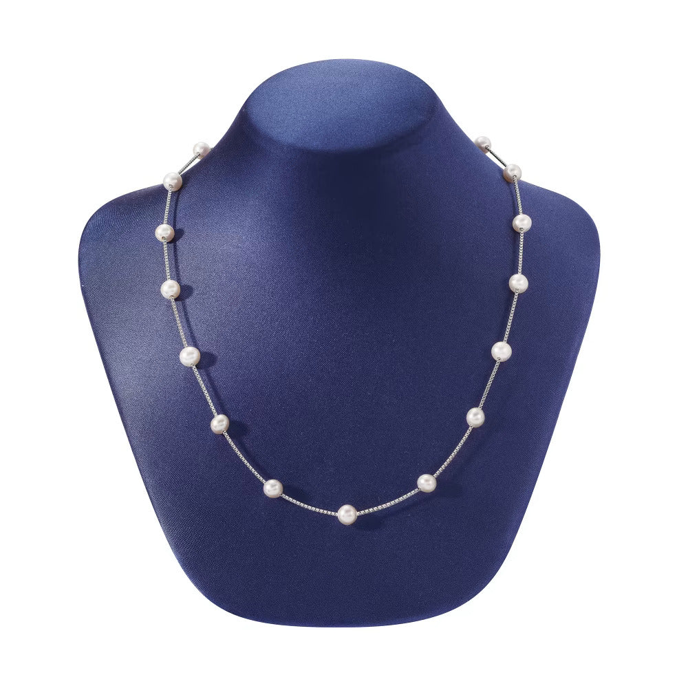 6-6.5mm Cultured Pearl Station Necklace in Sterling Silver