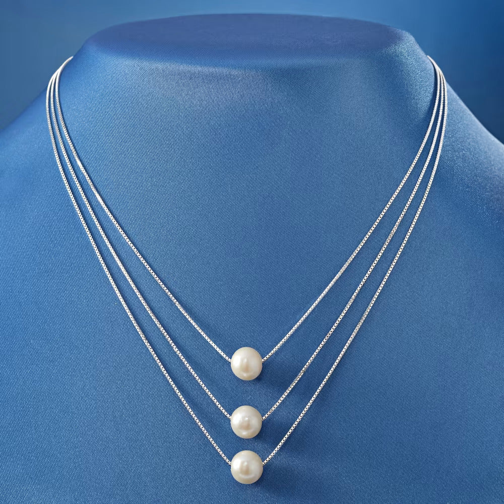 9-9.5mm Cultured Pearl Three-Strand Layered Necklace in Sterling Silver
