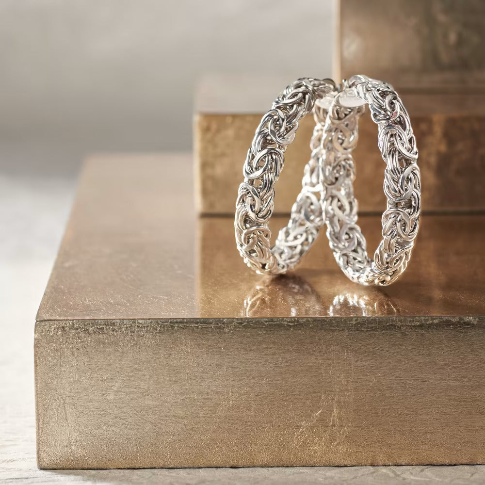 Large Byzantine Hoop Earrings in Sterling Silver, 1 1/2