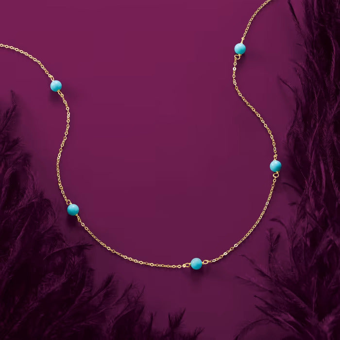 Italian 4mm Turquoise Bead Station Necklace in 14kt Yellow Gold