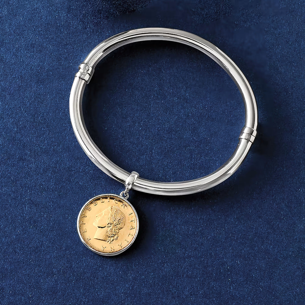 Italian Genuine Lira Coin Charm Bangle Bracelet in Sterling Silver