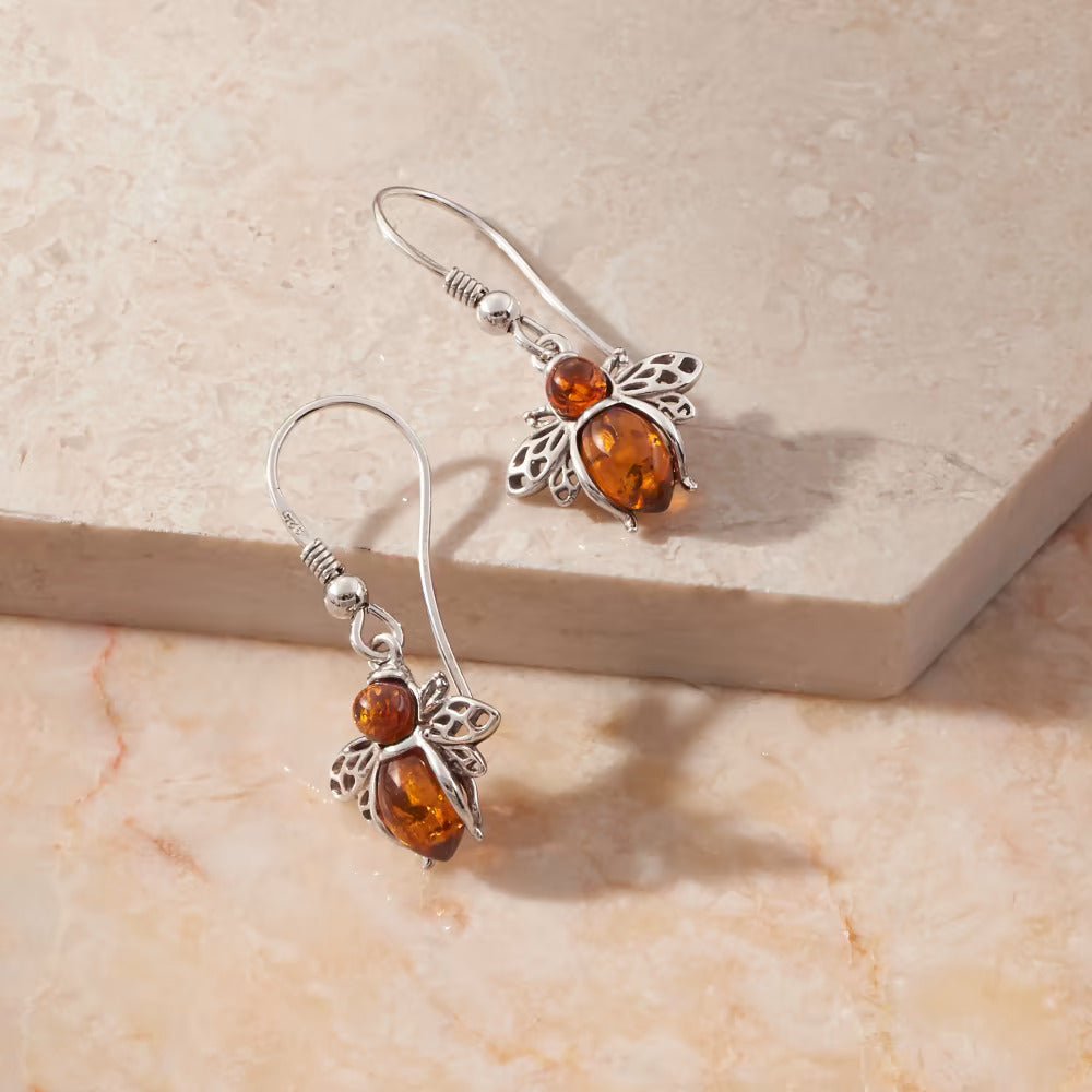 Amber Bumblebee Drop Earrings in Sterling Silver