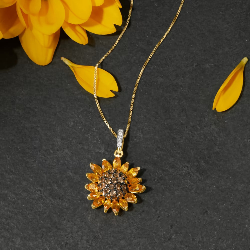 1.70 ct. t.w. Citrine and .80 ct. t.w. Smoky Quartz and .10 ct. t.w. White Topaz Sunflower Pendant Necklace in 18kt Gold Over Sterling. 18 - Statement jewelry