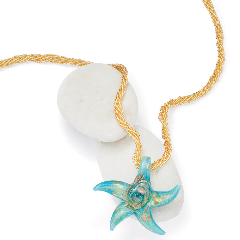 Italian Turquoise Murano Glass Starfish Necklace with 18kt Gold Over Sterling