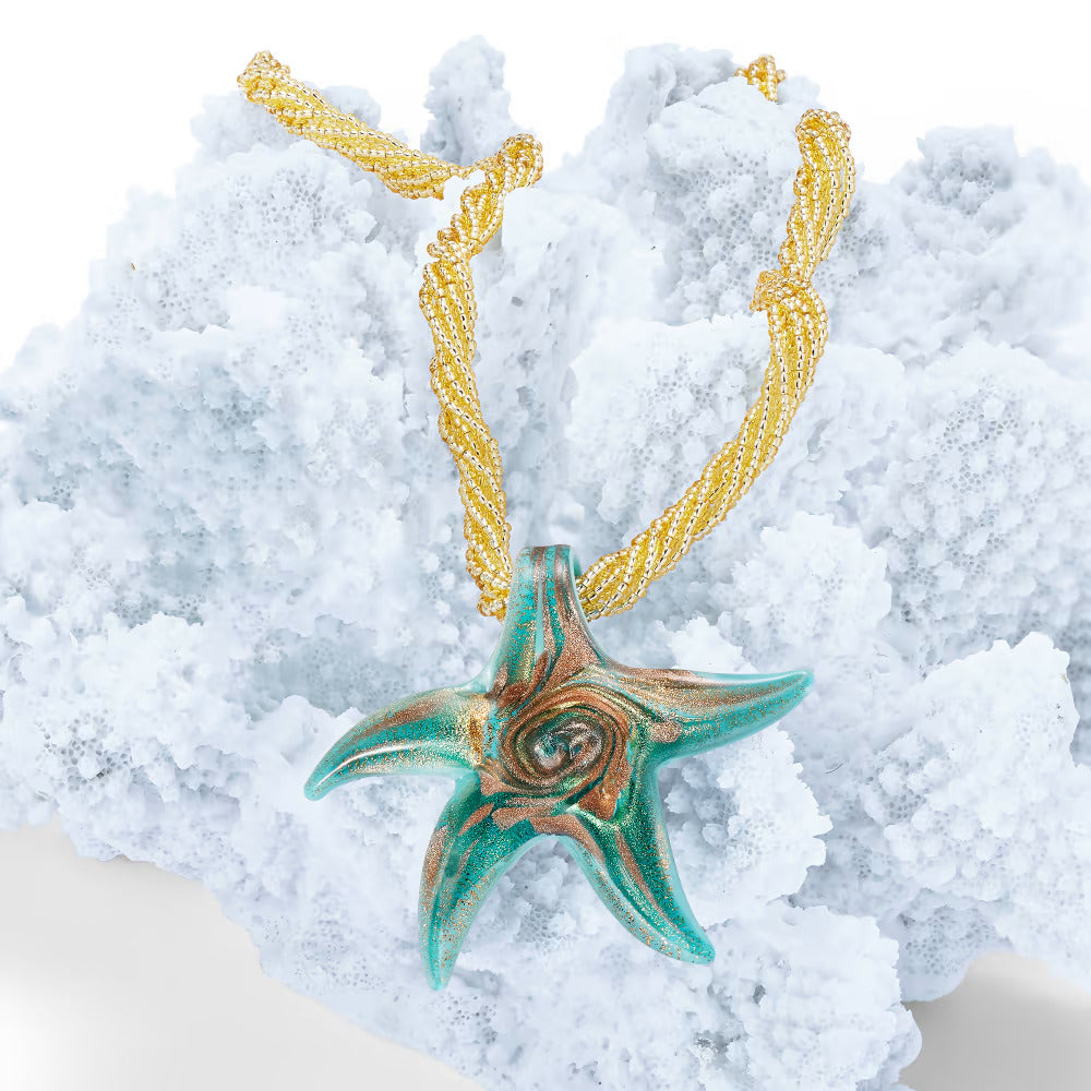 Italian Turquoise Murano Glass Starfish Necklace with 18kt Gold Over Sterling