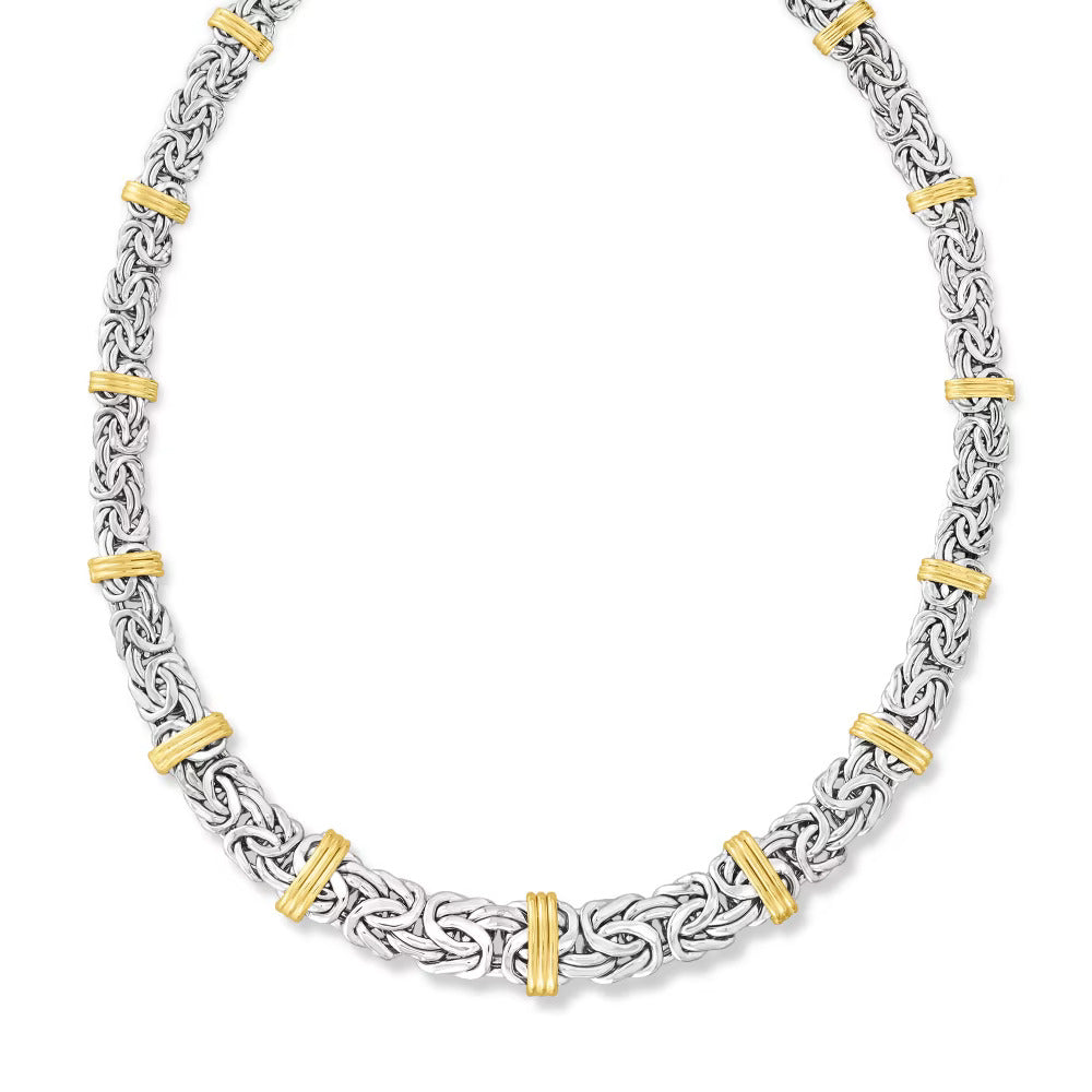 Sterling Silver Necklace with Byzantine Design and 14kt Yellow Gold Accents