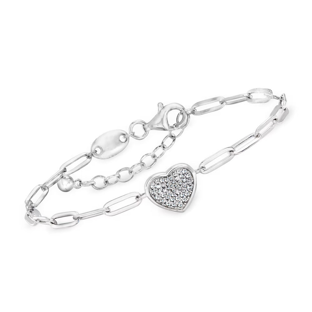 Charles Garnier .28 ct. t.w. CZ Heart Paper Clip Link Bracelet in Sterling Silver. 7