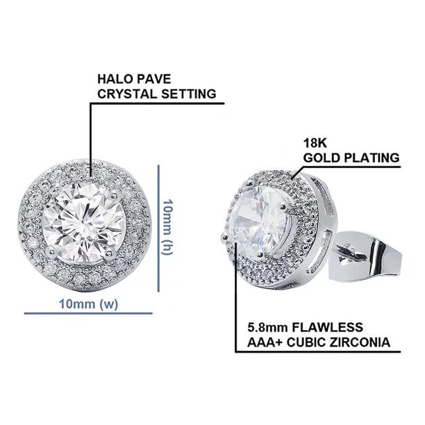 Ariel 18k White Gold Halo CZ Stud Earrings, Simulated Diamond Earrings,