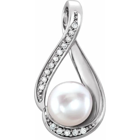 14K White Cultured White Freshwater Pearl & .03 CTW Natural Diamond Pendant