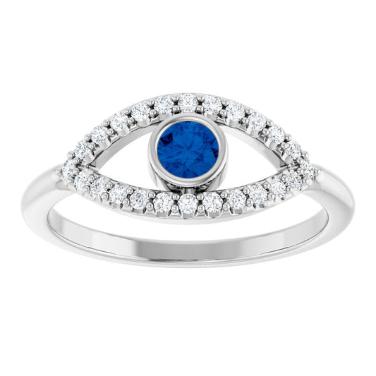 14K White Natural Blue Sapphire & Natural White Sapphire Evil Eye Ring