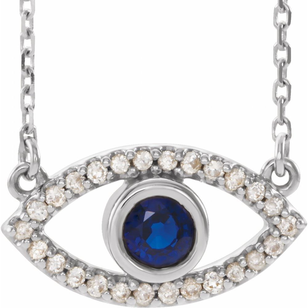 14K White Natural Blue Sapphire & Natural White Sapphire Evil Eye 18" Necklace