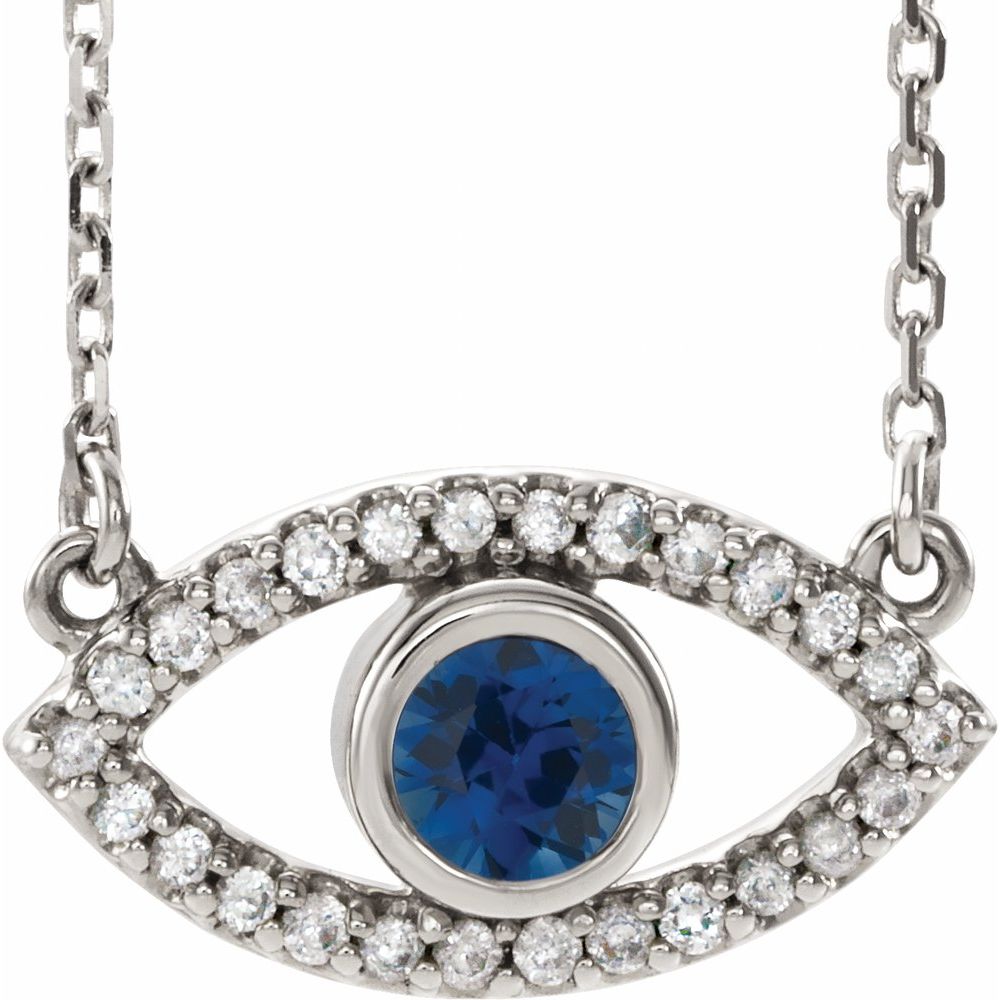 14K White Lab-Grown Blue Sapphire & Natural White Sapphire Evil Eye 18" Necklace