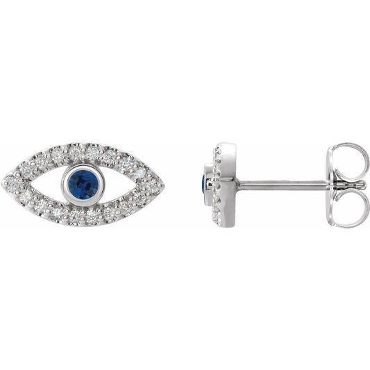 14K White Natural Blue Sapphire & Natural White Sapphire Evil Eye Earrings