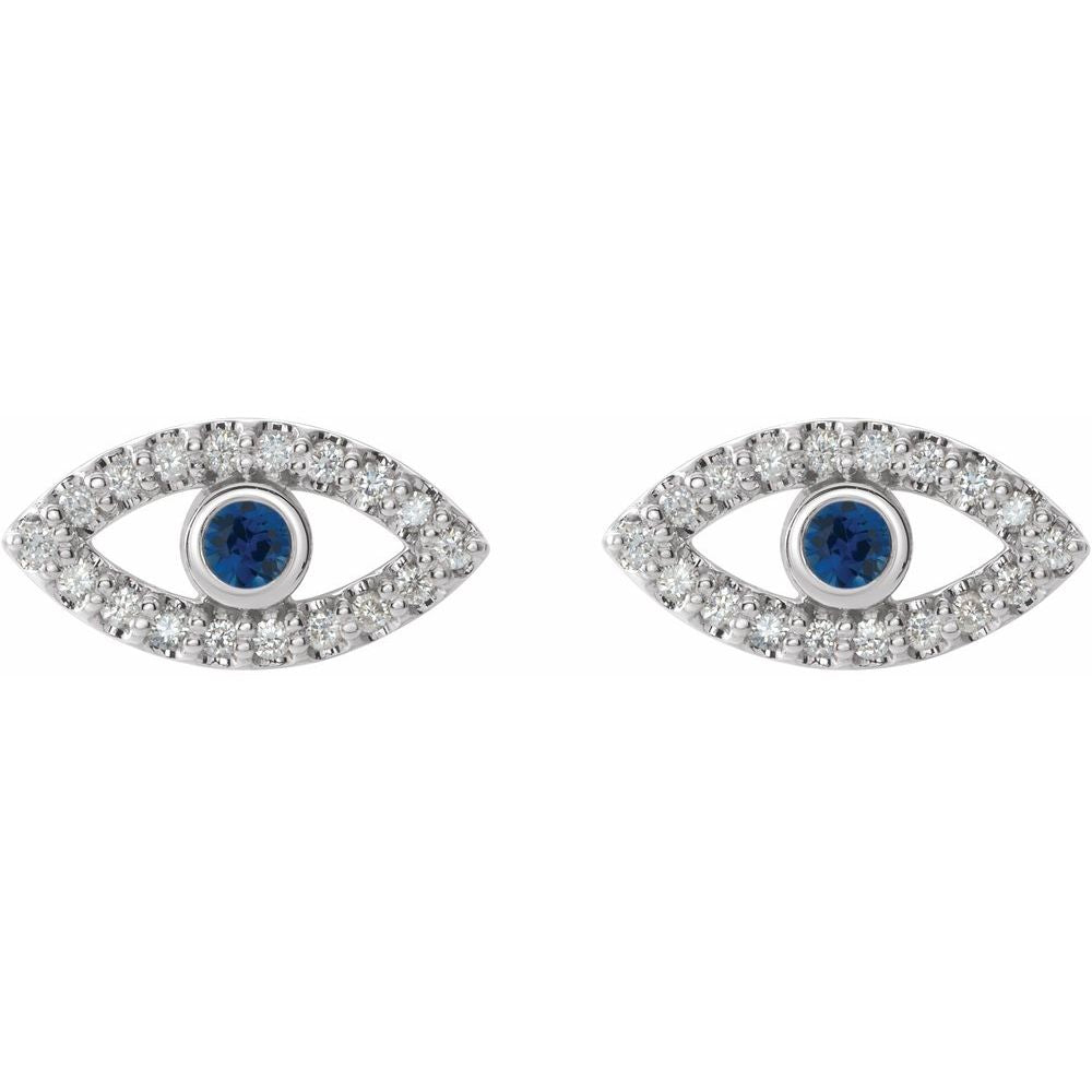 14K White Natural Blue Sapphire & Natural White Sapphire Evil Eye Earrings