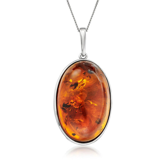 Elegant Oval Amber Pendant Necklace in Sterling Silver