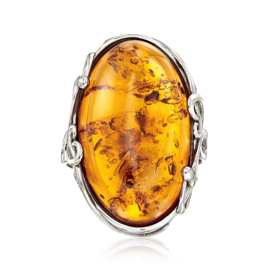 Elegant Oval Amber Ring in Sterling Silver