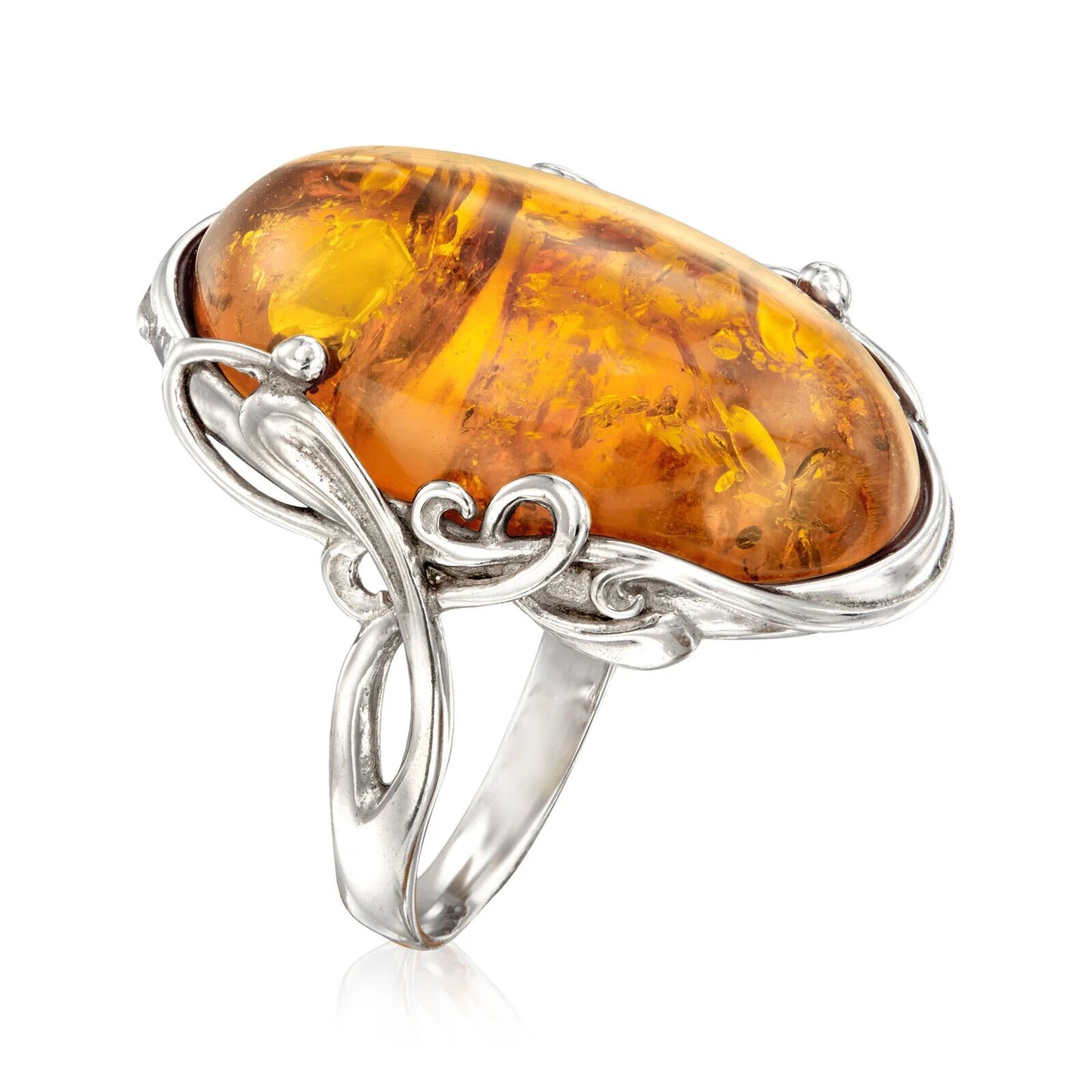 Elegant Oval Amber Ring in Sterling Silver