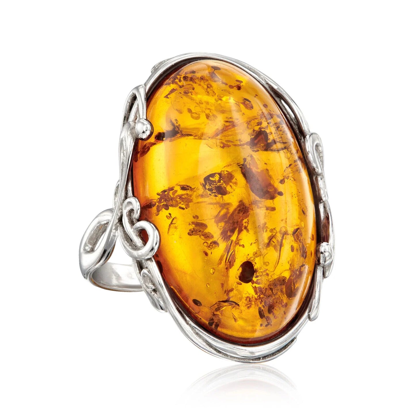 Elegant Oval Amber Ring in Sterling Silver