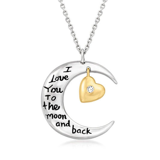 Diamond-Accented 'I Love You to the Moon and Back' Pendant Necklace in Sterling Silver and 14kt Yellow Gold – 18"