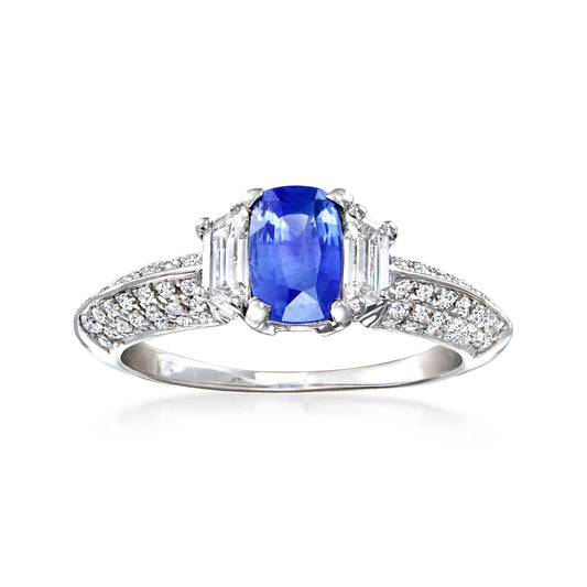 Vintage 1980 Sapphire & Diamond Three-Stone Ring in 18k White Gold – 0.98ct Sapphire & 0.85ct Diamonds