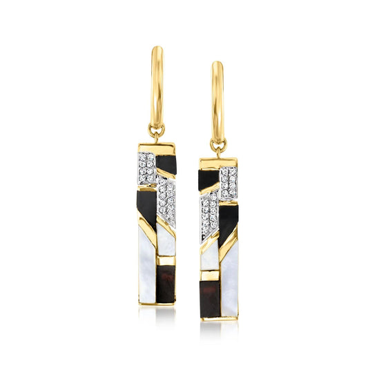 Geometric Mother-of-Pearl and Onyx Drop Earrings with White Topaz in 18k Yellow Gold Over Sterling Silver