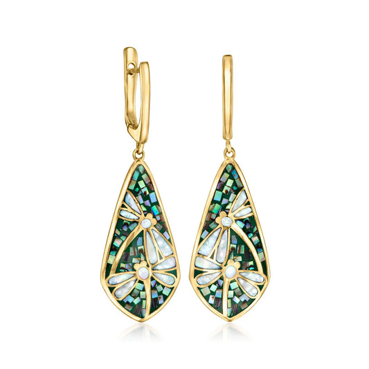 Exquisite Dragonfly Drop Earrings with Mother-of-Pearl and Abalone Shell in 18kt Gold Over Sterling