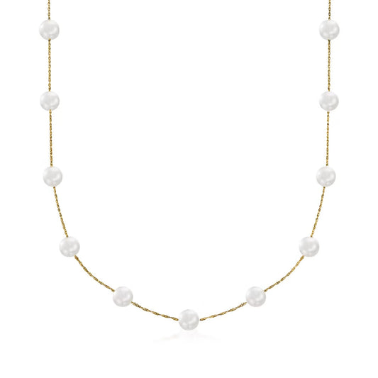 6-6.5mm Cultured Pearl Station Necklace in 14kt Yellow Gold