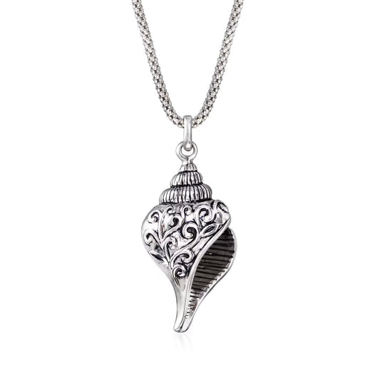 Sterling Silver Scrollwork Seashell Pendant Necklace. 18