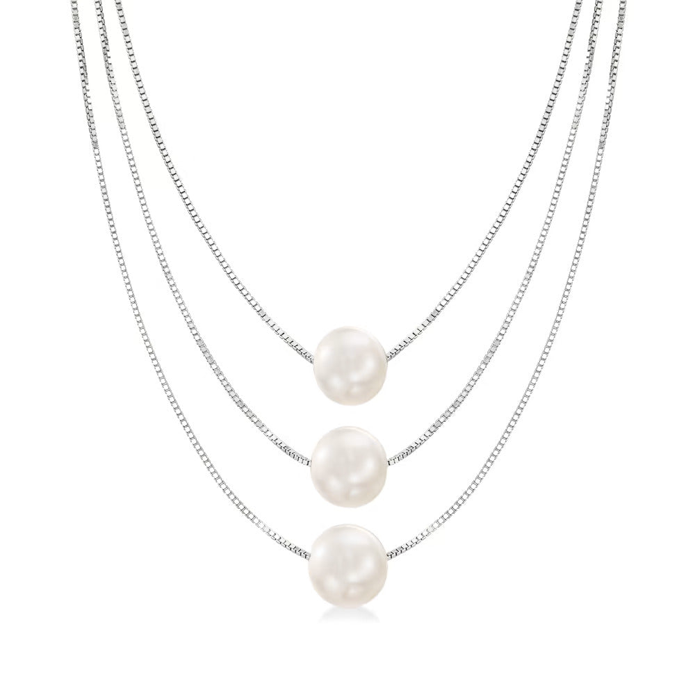 9-9.5mm Cultured Pearl Three-Strand Layered Necklace in Sterling Silver