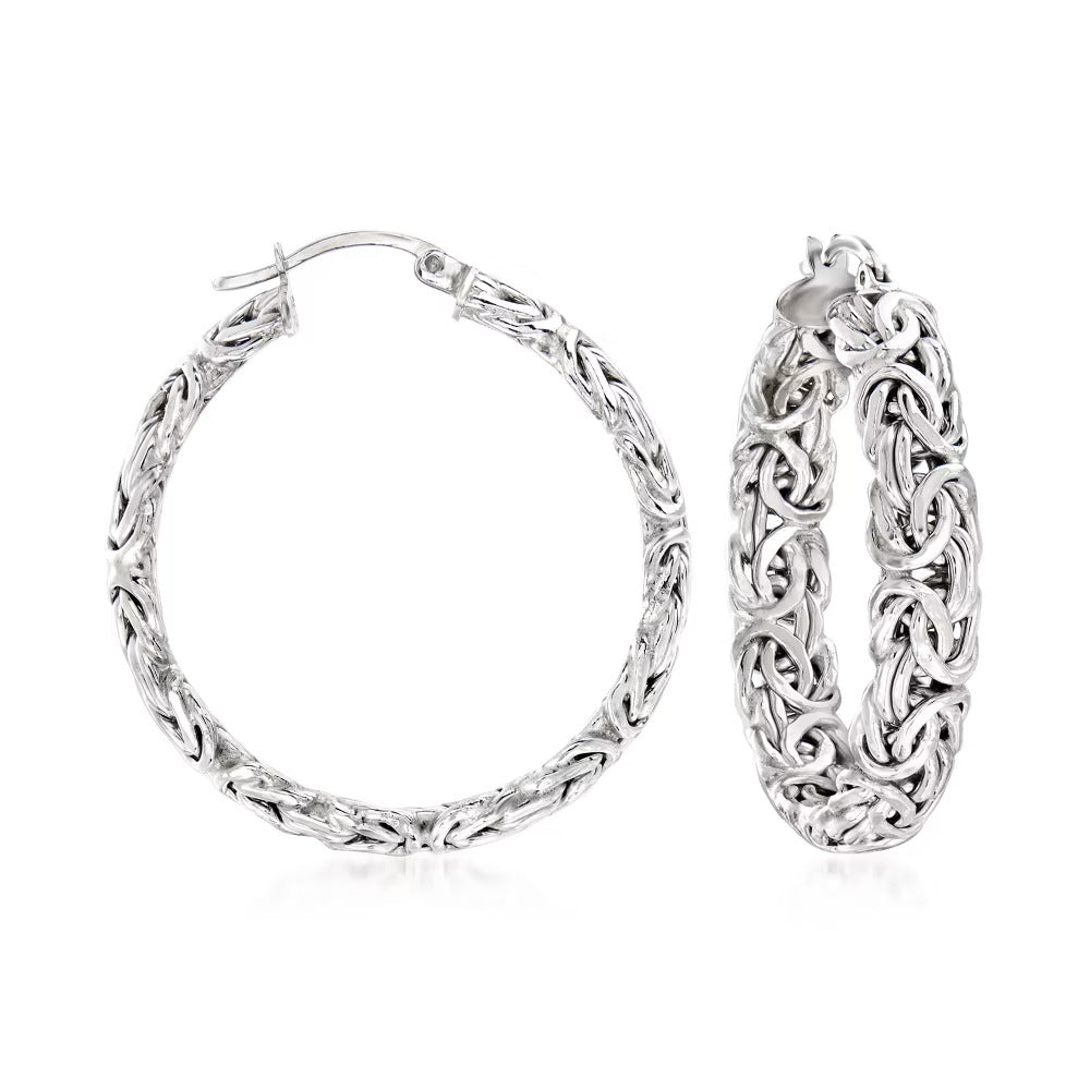 Large Byzantine Hoop Earrings in Sterling Silver, 1 1/2