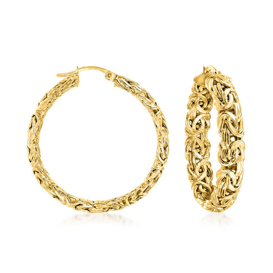 Large 1 1/2" Byzantine Hoop Earrings in 18kt Gold Over Sterling.
