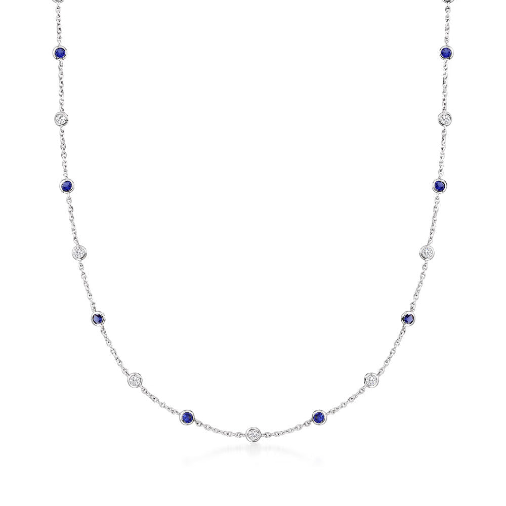 2.30 ct. t.w. CZ and 2.00 ct. t.w. Simulated Sapphire Station Necklace in Sterling Silver