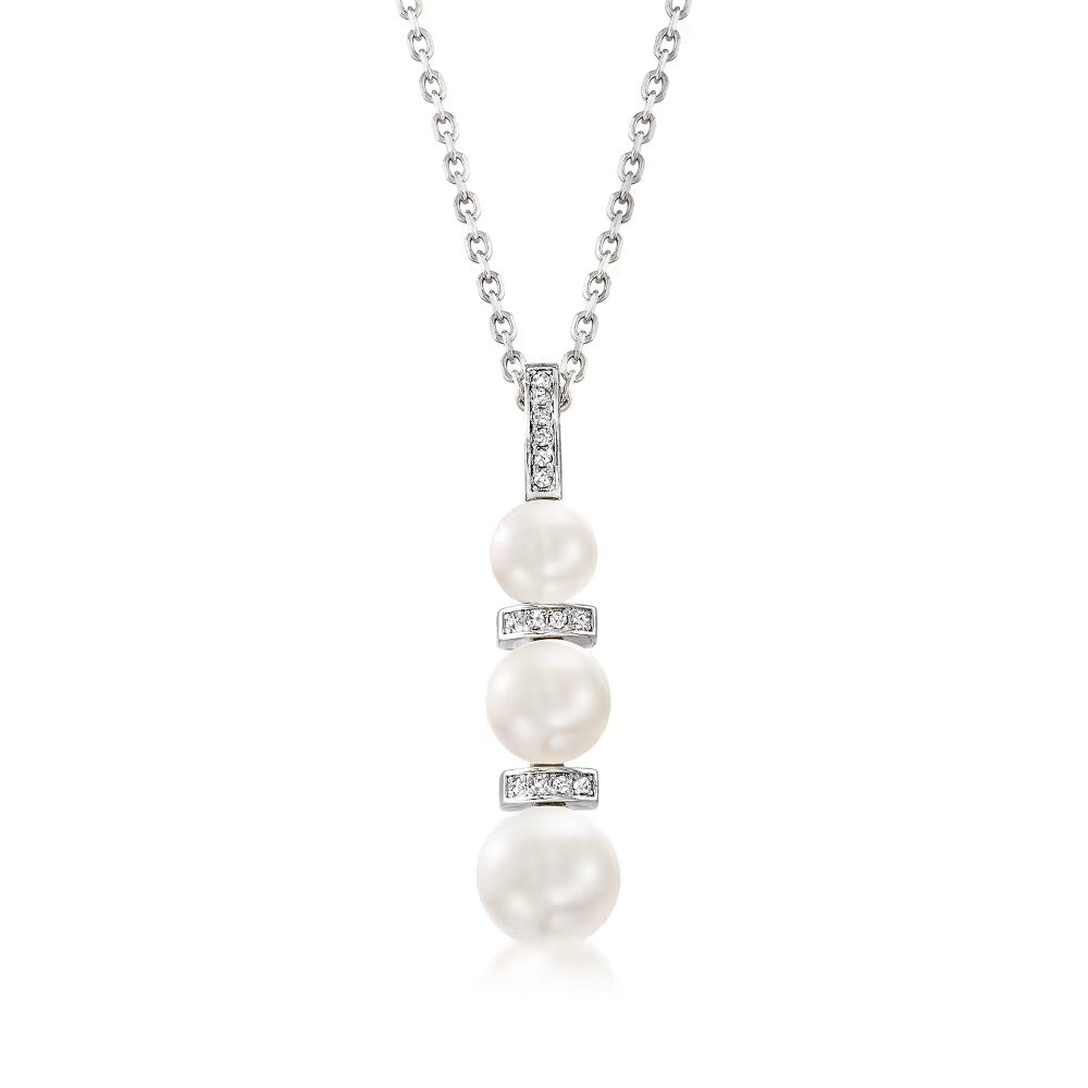 6-8.5mm Cultured Pearl and .10 ct. t.w. Diamond Pendant Necklace in Sterling Silver. 18"