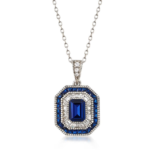 1.80 ct. t.w. Simulated Sapphire and .52 ct. t.w. CZ Pendant Necklace in Sterling Silver. 18" - Luxury jewelry