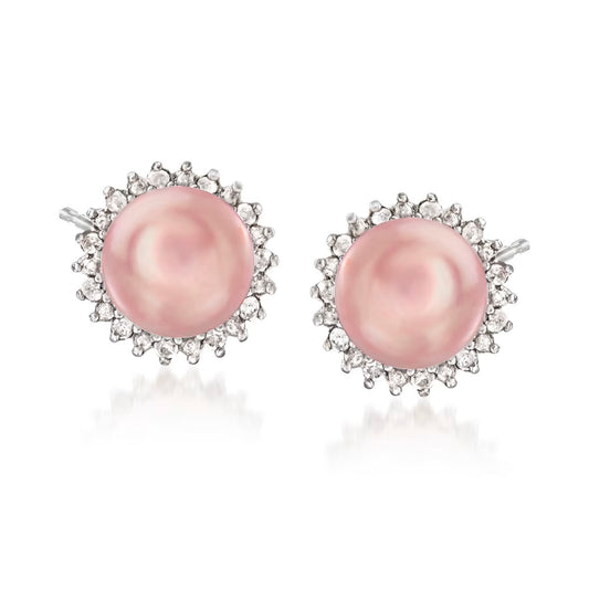 7-7.5mm Pink Cultured Pearl and .13 ct. t.w. Diamond Earrings in Sterling Silver