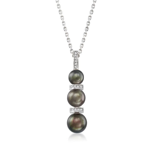 6-8.5mm Black Cultured Pearl and .10 ct. t.w. Diamond Necklace in Sterling Silver. 18"