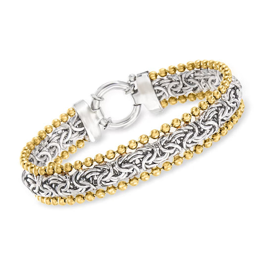Sterling Silver Byzantine Bracelet with Beaded Edge in Two-Tone