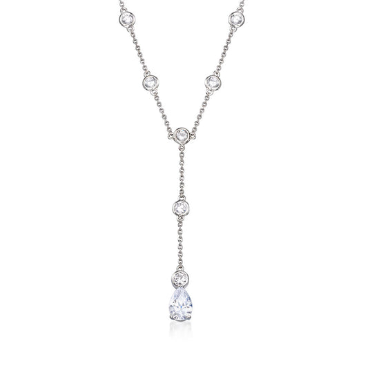 2.70 ct. t.w. CZ Station Lariat Drop Necklace in Sterling Silver. 16