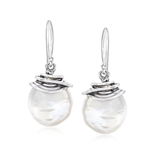 12-13mm Cultured Coin Pearl Drop Earrings in Sterling Silver - Fine jewelry