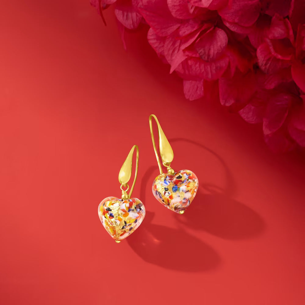 Italian Multicolored Murano Glass Heart Drop Earrings in 18kt Gold Over Sterling