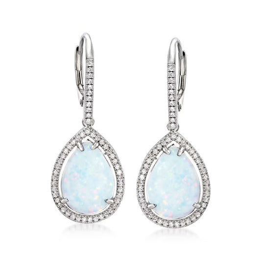 Charles Garnier Simulated Opal and .90 ct. t.w. CZ Drop Earrings in Sterling Silver