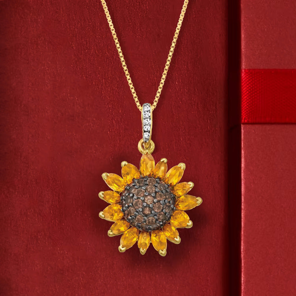 1.70 ct. t.w. Citrine and .80 ct. t.w. Smoky Quartz and .10 ct. t.w. White Topaz Sunflower Pendant Necklace in 18kt Gold Over Sterling. 18 - Statement jewelry