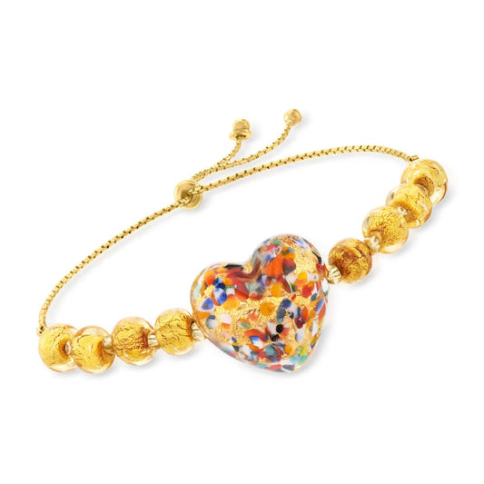 Italian Multicolored Murano Glass Bead Heart Bolo Bracelet in 18kt Gold Over Sterling