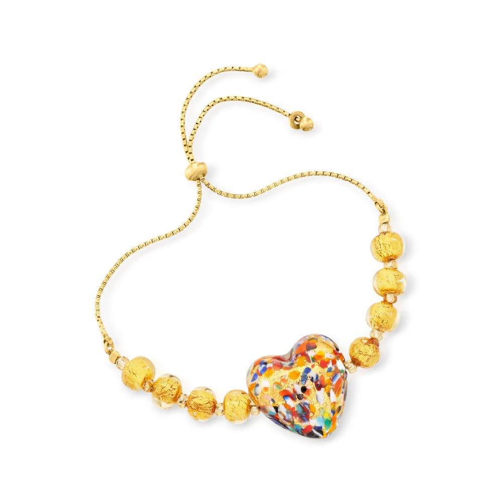 Italian Multicolored Murano Glass Bead Heart Bolo Bracelet in 18kt Gold Over Sterling