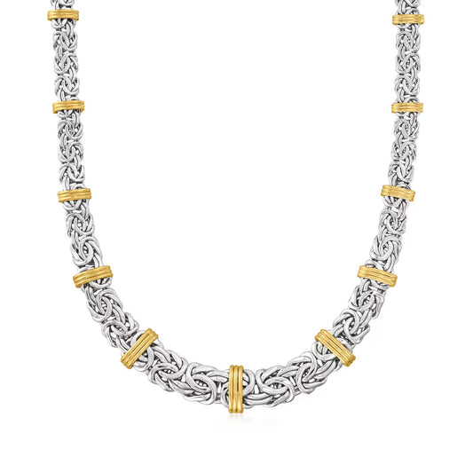 Sterling Silver Necklace with Byzantine Design and 14kt Yellow Gold Accents